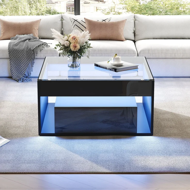 Couchtisch aus MDF und Sicherheitsglas mit LED, 70 x 70 x 35 cm, Schwarz – Bild 4