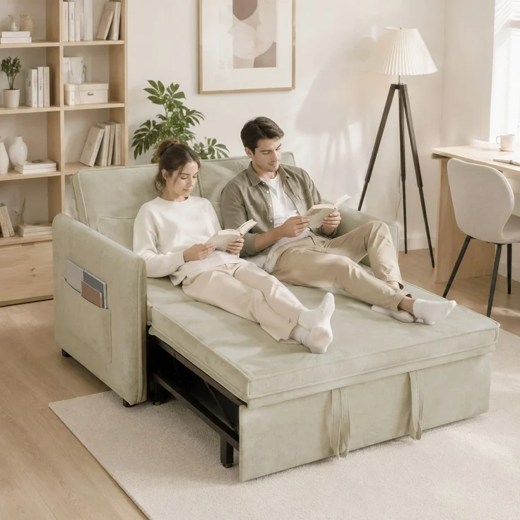Wohnora-2-Sitzer-Schlafsofa, 3-in-1-Schlafsofa aus Chenille, 125 cm breit, mit verstellbarer Rückenlehne, breiter Sitzfläche, 2 Kissen, Creme,H 940cm x T 1250cm x B 910cm – Bild 4