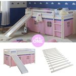 Hochbett mit Lattenrost 90x200 Rutsche Stockbett Kinderbett Holz Kiefer Vorhang Rosa