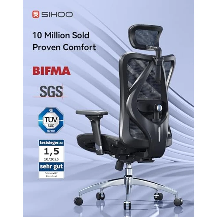 SIHOO M57 Ergonomischer Bürostuhl, Chefsessel mit 3D verstellbare Armlehne und Lendenwirbelstütze, Hautfreundliche Netz-Hochlehne, Schreibtischstuhl bis 150kg/330LB Belastbar(schwarz) – Bild 5