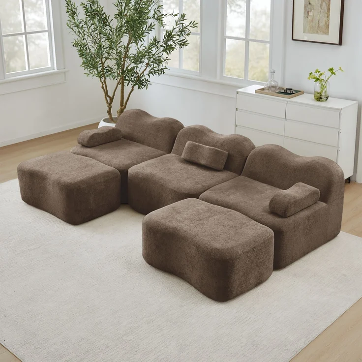 EINHOM 3-Sitzer U-förmiges Modulares Boneless Sofa mit 2 Ottomans, 32D Hochdichtschaum, Wellenform, tiefe Sitzfläche, bewegliches Armlehnenkissen, für Wohnzimmer, Braun – Bild 3