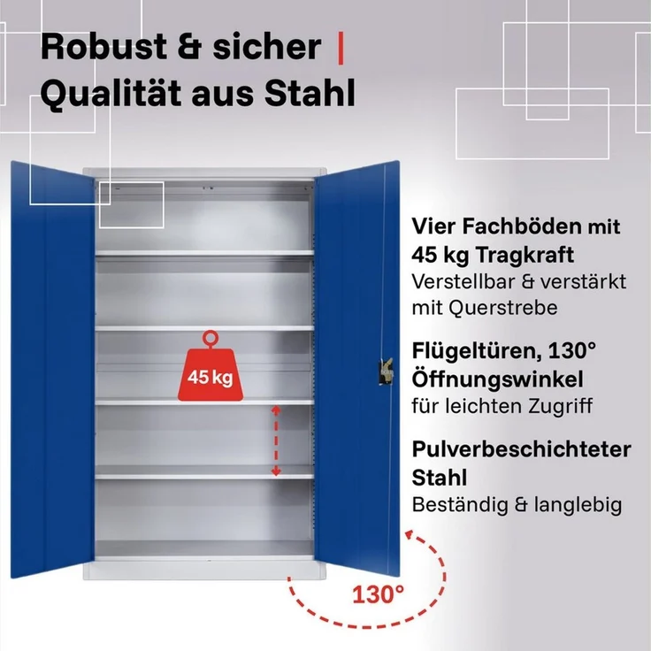 LagerZwei Aktenschrank Stahlschrank 195x100x50 cm (1-St) 3-fach verriegelt, 4 Böden, bis 60 Ordner, Flügeltüren 130° – Bild 2