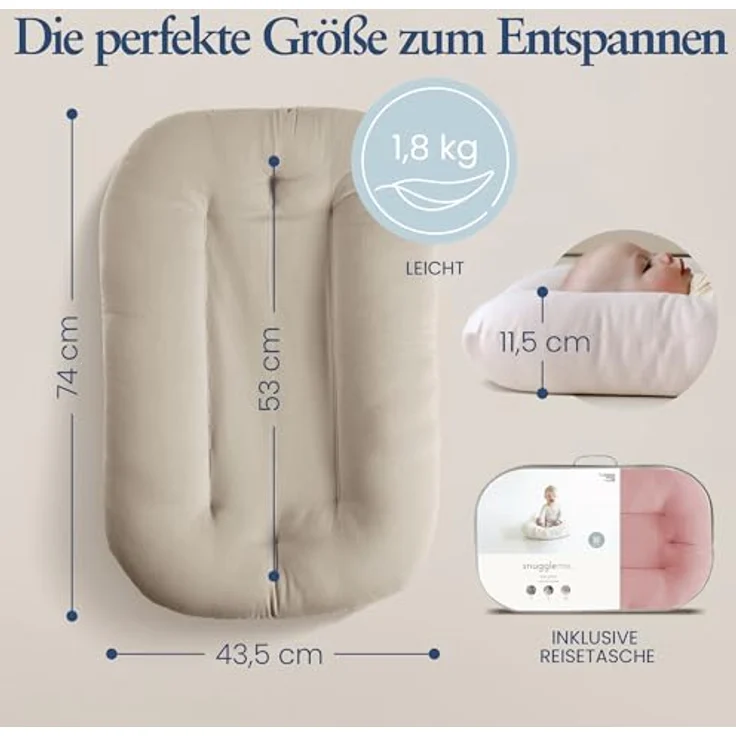 Snuggle Me® Babynest (0-9 Monate) - Premium Babynestchen Neugeborene, Weiche Bio-Baumwolle mit Fiberfill, 100% Maschinenwaschbar, Inkl. Reisetasche (Birch) – Bild 6