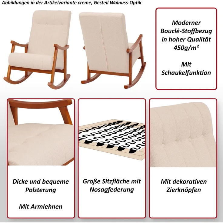 Schaukelstuhl HWC-K10, Relaxsessel, Holz FSC® Stoff/Textil Bouclé (450g/m²) ~ taupe, Gestell natur – Bild 2