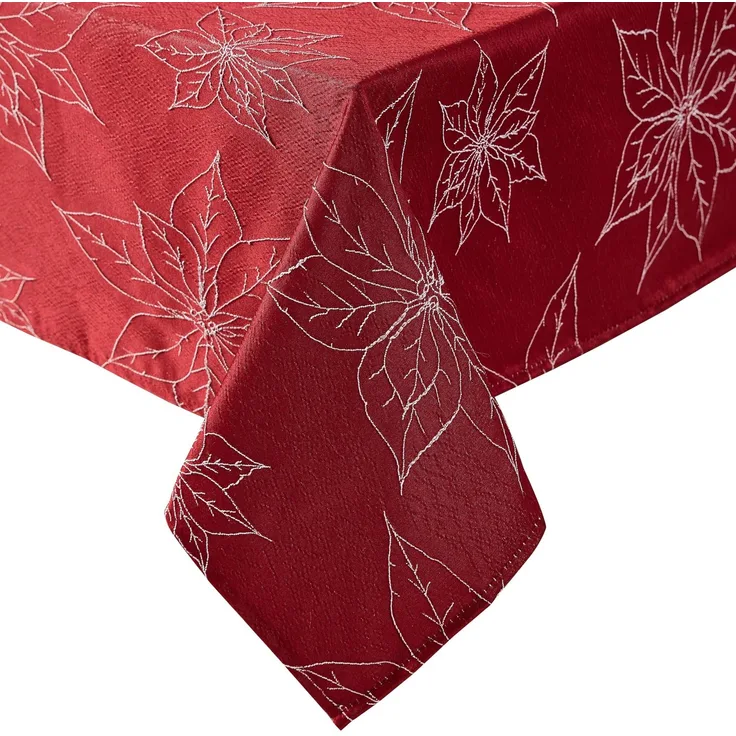 Laura Ashley Tischdecke, Bestickt, Jacquard-Stoff, knitterfrei, für Esszimmer, Urlaub, Party, Hochzeit oder Bankett, 152,4x213,4 cm, Weihnachtsstern-Rot