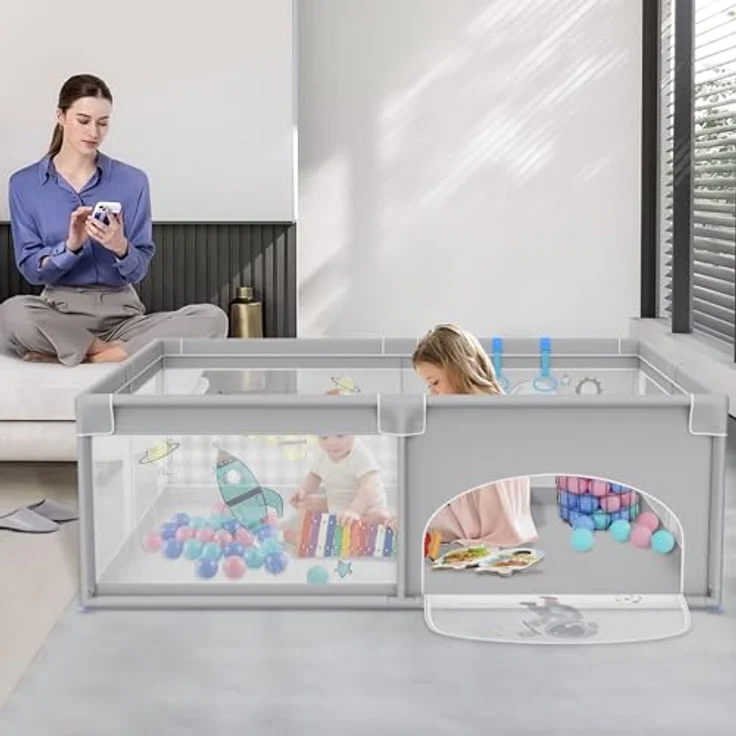FIVMEN Laufstall 150x180cm Mit 50 Spielbällen, Krabbelgitter und 4 Zugringen - Tragbarer Baby Playpen, Grauer Raumfahrer – Bild 8