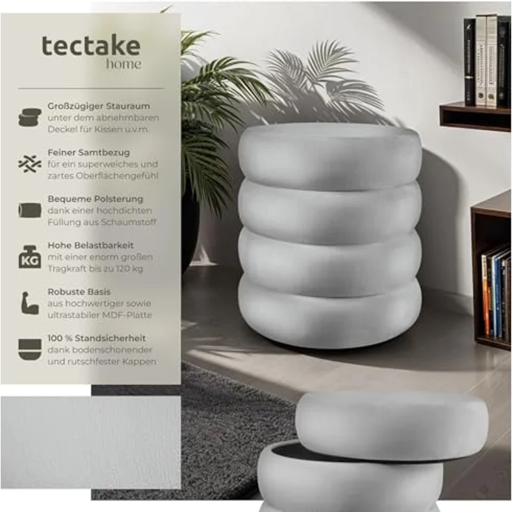 tectake® Hocker mit Stauraum, Scandi Sitzhocker Samt Stoff, Pouf, Polsterhocker rund für Schminktisch, Schlafzimmer, Wohnzimmer Möbel, als Flur Möbel, Stauhocker Wohnen - Samtoptik grau – Bild 4
