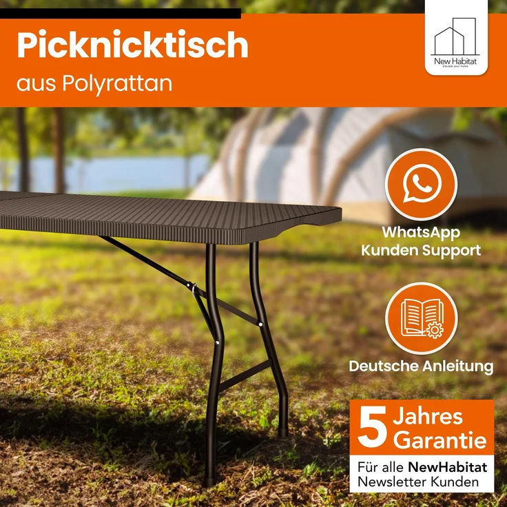NewHabitat Buffettisch klappbar – Gartentisch klappbar aus Polyrattan I Biertisch wetterfest & faltbar I Stabiler Klapptisch für Garten, Festivals, Camping & Outdoor-Events (Schwarz) 180 x75 x75 cm – Bild 2