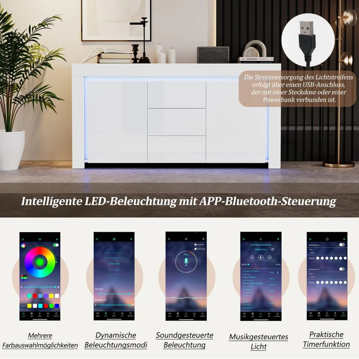 DESVIAE Sideboard mit LED-Beleuchtung, 2 Türen und 3 Schubladen 140x65x40 cm MDF Weiß – Bild 5
