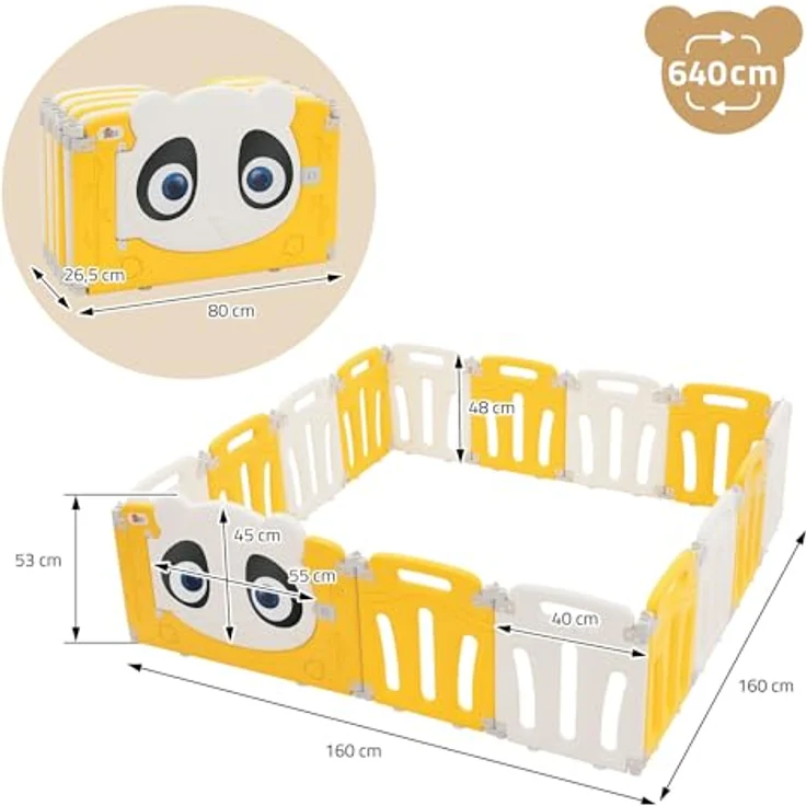 Joyz Laufstall Baby 160×160 cm, Laufgitter faltbar, Panda-Design, Weiß-Gelb, Absperrgitter mit Tür und Lernuhr, Playpen aus Kunststoff, Babyzaun, Kinderlaufstall Innen/Außen, Krabbelgitter für Kinder – Bild 8