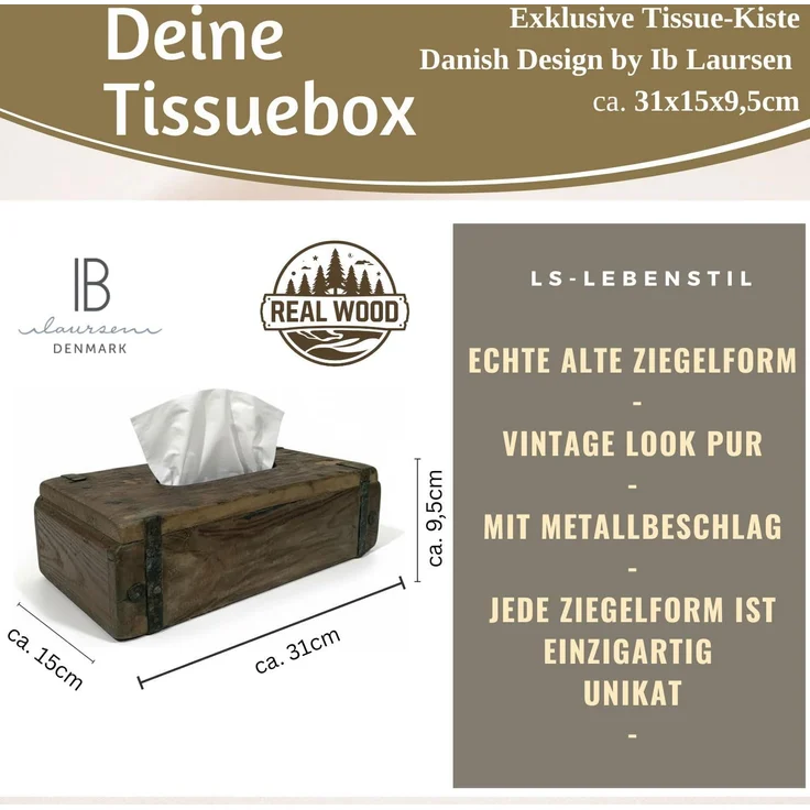 LS-LebenStil Aufbewahrungsbox Tissue-Box Holz 31cm Braun Ziegelform Kosmetiktuch-Spender Taschentuch (iB Laursen - Tücherbox Kosmetiktücher-Box Taschentuch-Spender Box Spender, 1 St, ideal auch für Kleenex Feuchttücher feuchtes Toilettenpapier) – Bild 2