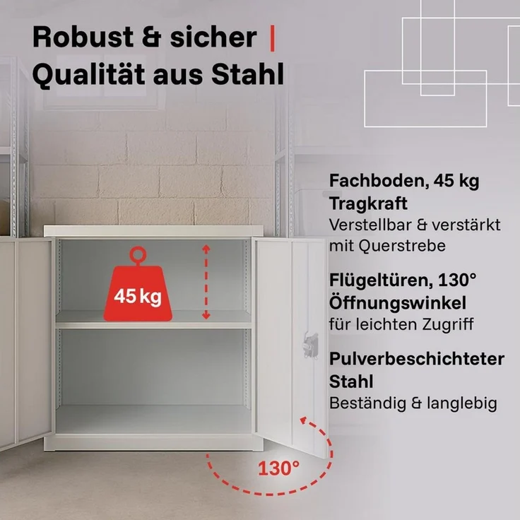 LagerZwei Aktenschrank Stahlschrank 90x90x40 cm (1-St) 3-fach verriegelt, 1 höhenverstellbarer Boden, Flügeltüren 130° – Bild 2