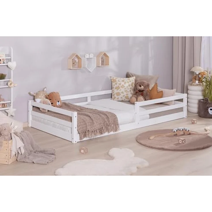 Ticaa Kinderbett, Neo Hausbett Bodenbett mit Rausfallschutz 150kg, inkl. Lattenrost & abnehmbarem Rausfallschutz, 90x200, Weiß – Bild 1