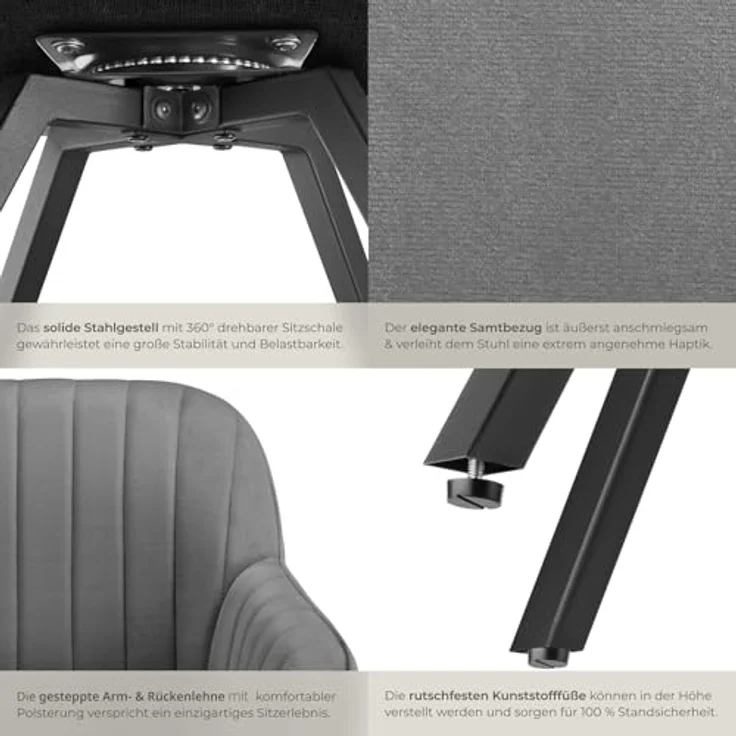 tectake Esszimmerstuhl Drehbarer Armlehnstuhl (2er Set, 2 St), gepolstert, in Samtoptik – Bild 8