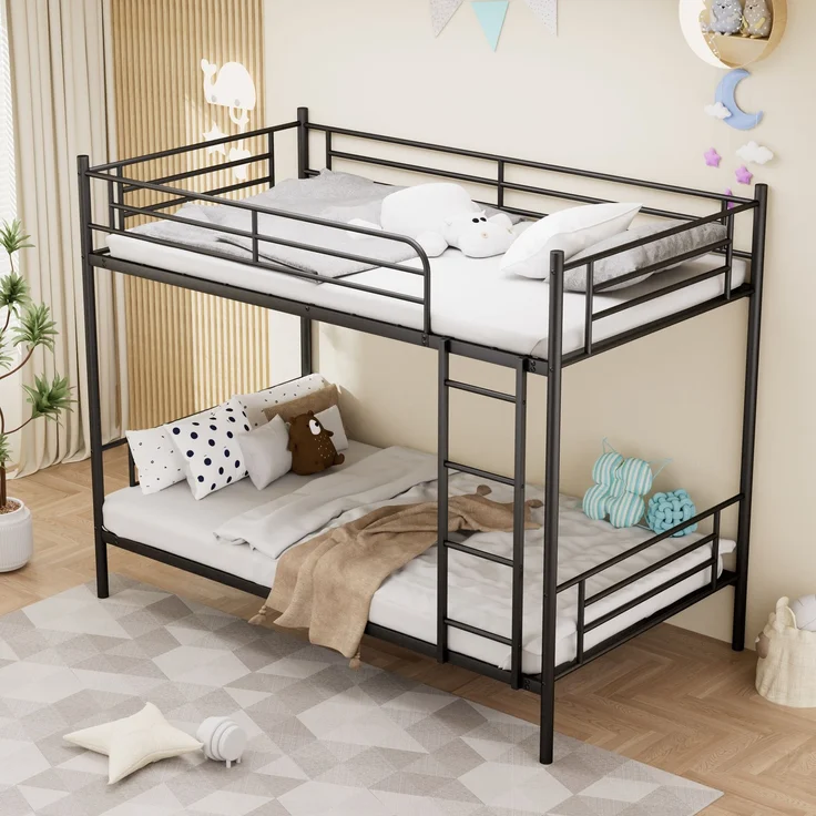 Etagenbett 90×190 cm mit Absturzsicherung und Leiter, Metall, Schwarz, ohne Matratze – Bild 2