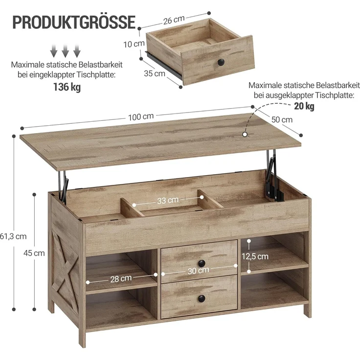 Couchtisch, höhenverstellbarer Wohnzimmertisch, Sofatisch, 2 Schubladen und Versteckter Stauraum, 50 x 100 x 47,3-61,3 cm, für Wohnzimmer, Esszimmer, Büro, Kamelbraun-Schwarz – Bild 8