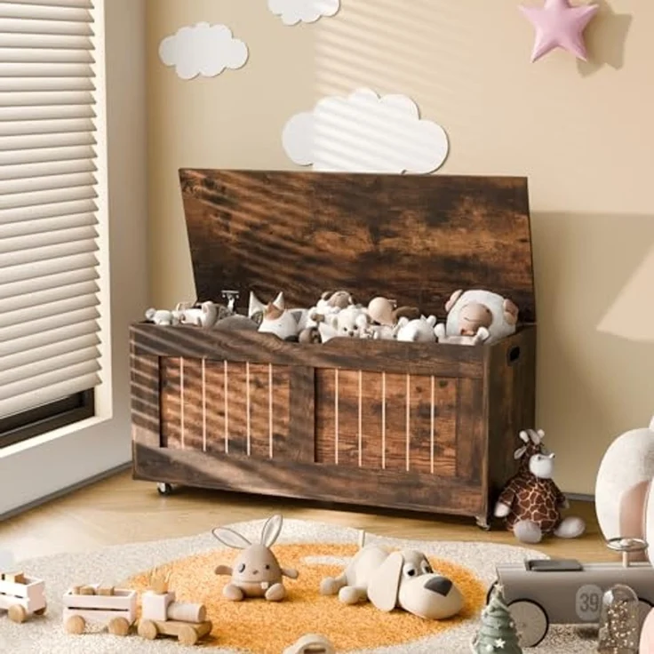 Mondeer Schuhbank, Sitzbank mit Stauraum, Truhenbank mit 4 Rollen und 2 Sicherheitsscharnieren, für Flur Schlafzimmer Wohnzimmer, 40 x 100 x 49 cm, Vintagebraun – Bild 2