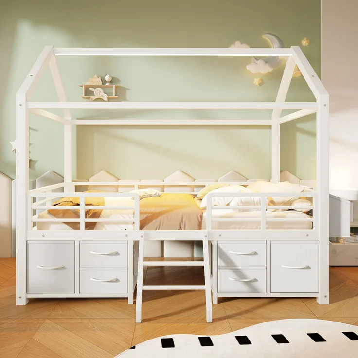 EINHOM Hochbett 90 x 200 cm mit Hausdach, LED-Beleuchtung Kinderbett aus Metall mit mehreren Stoffschubladen, Weiß (Ohne Matratze) – Bild 4