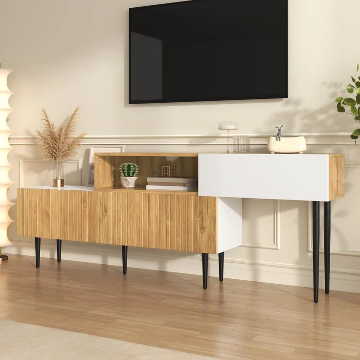 Merax TV-Schrank mit verstellbarer Länge, Modulares 2-teiliges Design, Holzoptik + Weiß matt, Schwarze Metallbeine – Bild 7
