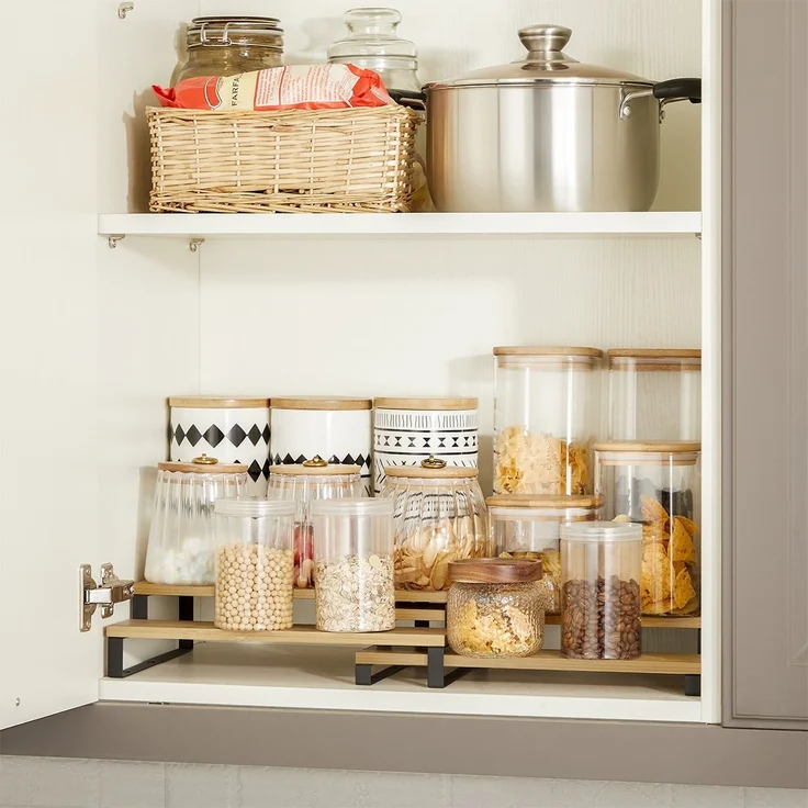 SONGMICS Gewürzregale, Küchenregale stehend, Küchen-Organizer, 2er Set, Holzwerkstoff, je 3 Ablagen, ausziehbar, stapelbar, für Speisekammer, Arbeitsplatte, naturbeige-tintenschwarz KCS016N01 – Bild 6