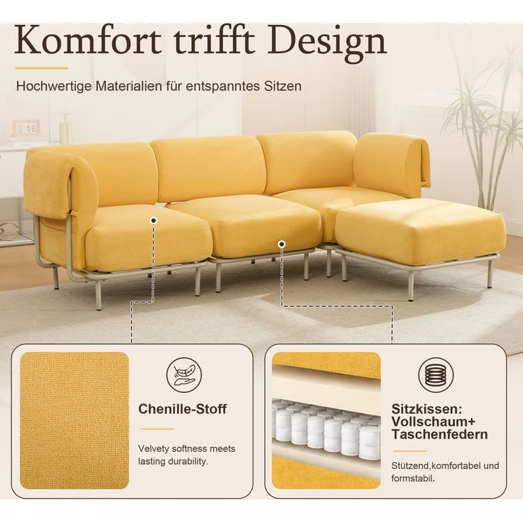Modulares 3-Sitzer-Sofa mit Hocker, Chenille, 251x155x78 cm, Senfgelb – Bild 8