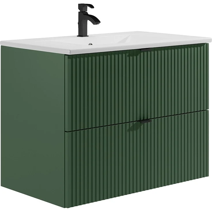 Vente-unique - Waschbeckenunterschrank hängend mit Einbauwaschbecken und Säule - Streifenoptik - Grün matt - 80 cm - ZEVINI – Bild 3