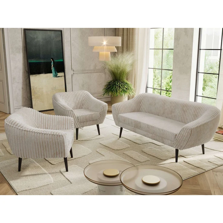 Wohnzimmerset PIRS 1-1-3, Skandinavisches 3-Sitzer Sofa mit Sesseln, Sofa mit Wellenfederung, schwarze Füße, Skandinavisches Möbelset - Beige Cord – Bild 3
