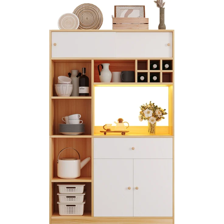 ZUBALIYA Buffetschrank 115x35x180 cm, mit LED-Beleuchtung, aus Spanplatte, Weiß / Natur – Bild 24