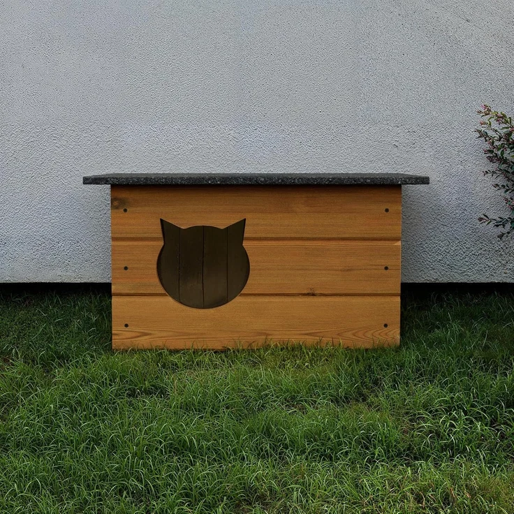 QLS Katzenhaus Isoliert aus Holz 60x40x40 cm, Outdoor Draußen Winterfest mit Vorhang, Teak – Bild 3