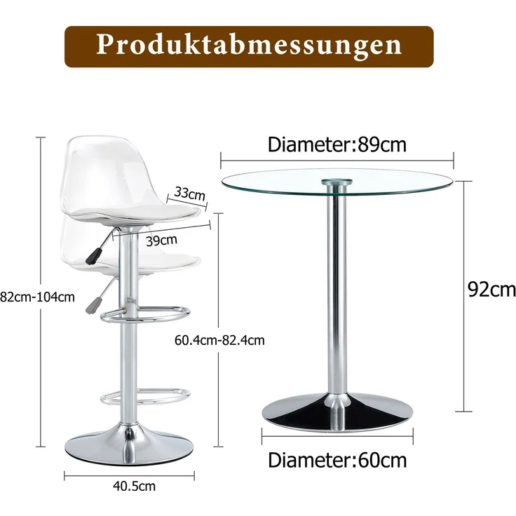 Flexibles Bar-Set: 89 cm Glastisch + 2 Hocker mit silberfarbenen Beinen, höhenverstellbar & drehbar.•Transparente Optik • 360°-Drehung • Vielseitig nutzbarSchafft visuelle Weite und spart Platz.--Silber, Transparent--51x49.5x50cm--YOUDENOVA – Bild 4