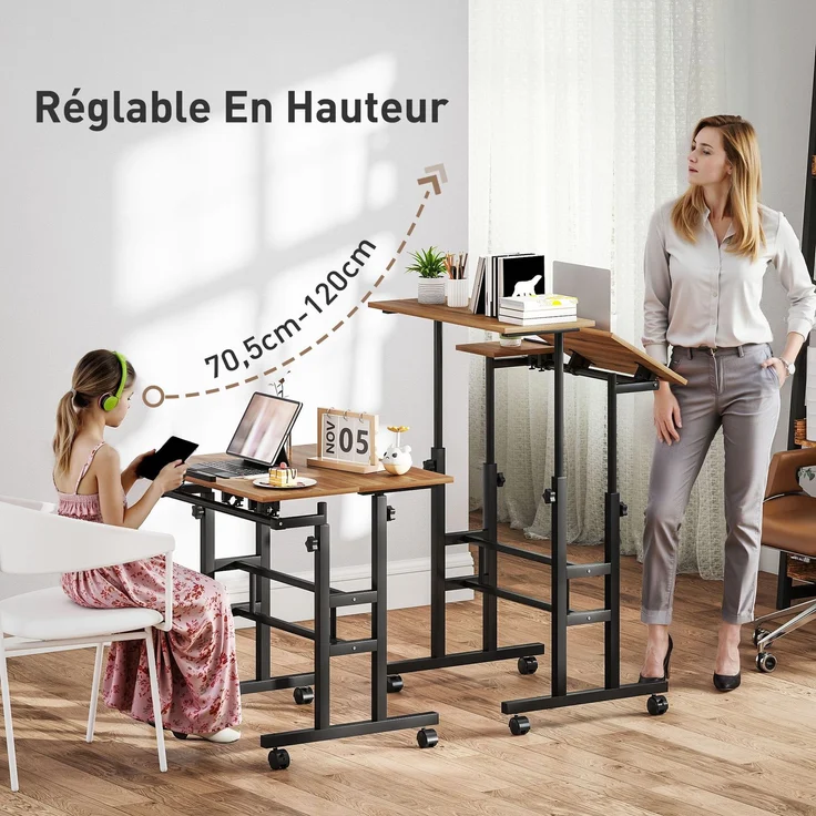 Steh-Sitz-Schreibtisch, höhenverstellbar, 70 x 60 cm, Rollen, neigbare Tischplatte, brauner Metallrahmen, Cecodadi – Bild 6