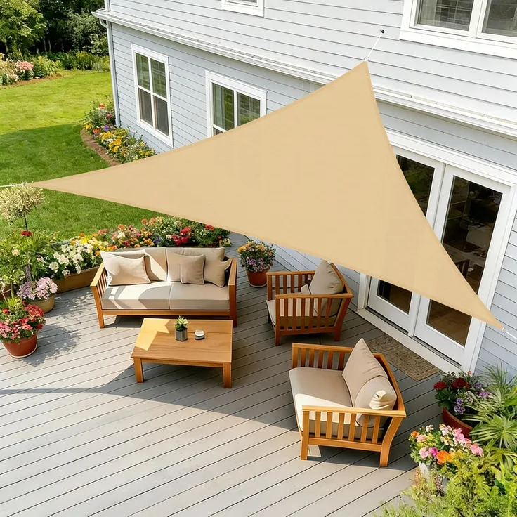 HENG FENG Sonnensegel Wasserdicht Dreieckig 5 x 5 x 5 m,Sonnenschutz Wetterfest PES Polyester,Windschutz Wasserabweisend mit 95% UV-Schutz für Balkon Garten Terrasse,Sand