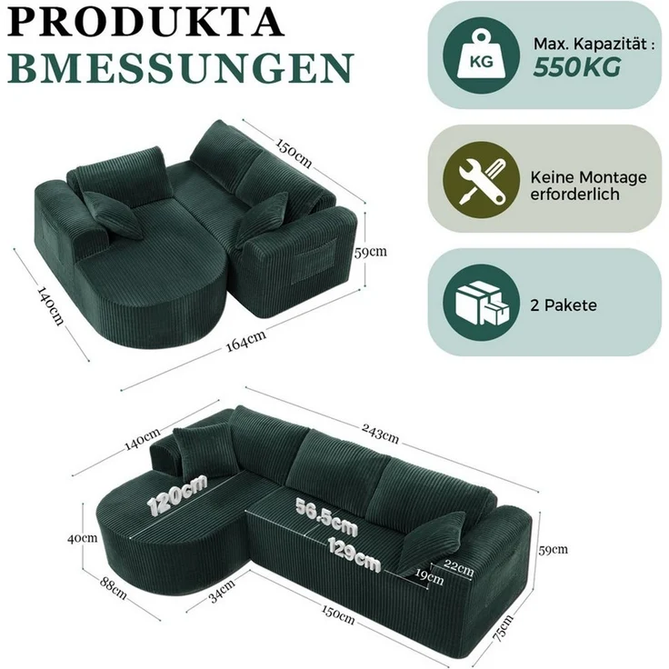 COMHOMA Sofa Ecksofa mit Schlaffunktion, Corduroy Modulares Boneless Couch, mit Chaiselongue, L-Form Schlafsofa, Sektionssofas mit Kissen & Seitentaschen – Bild 3