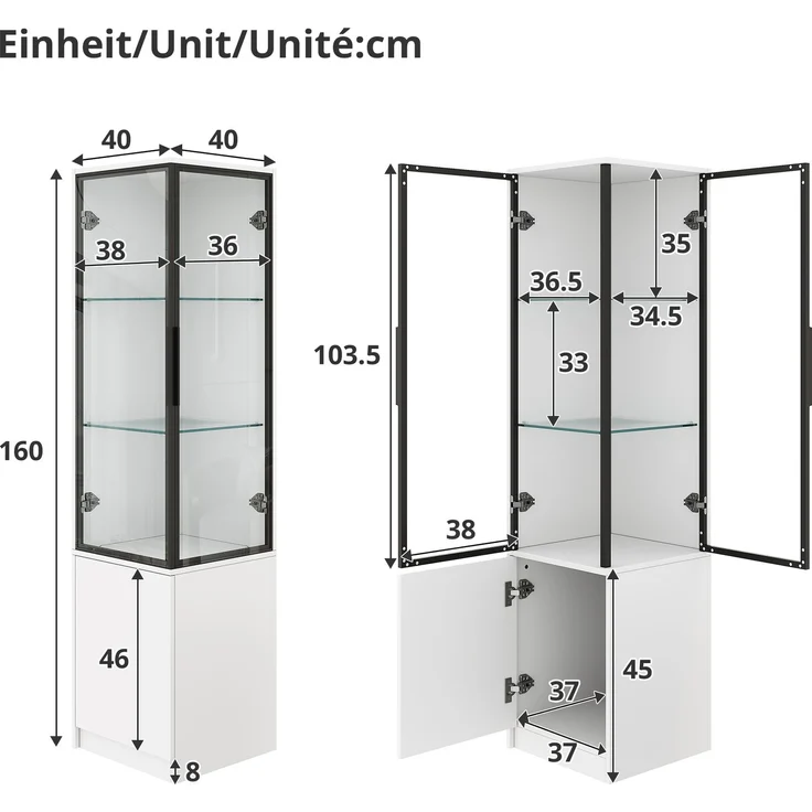 Eckvitrine 40 x 40 x 160 cm mit Glasfront, Stauraum und App-gesteuerter LED-Beleuchtung – Bild 4