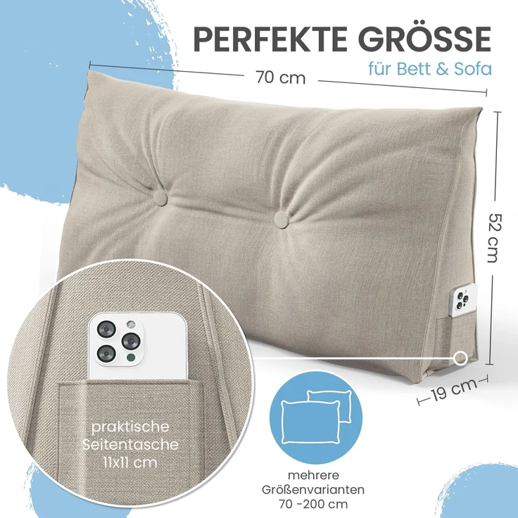 ELONEO Rückenkissen Keilkissen für Bett und Sofa, Lesekissen mit praktischem Seitenfach, 1-tlg, mit praktischem Seitenfach, Lesekissen, mit waschbarem Bezug – Bild 2