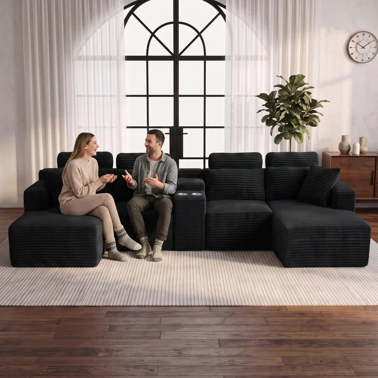 ZUBALIYA Boneless Compression Sofa, U-förmiges modulares Sofa mit integrierten Becherhaltern, Schwarz, 372 x 151 x 80 cm – Bild 5