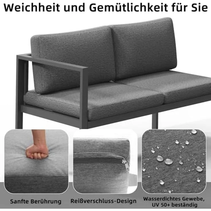 Melko Sitzgruppe Ecklounge Aluminium Beistelltisch Hocker Sitzgruppe wetterfest Grau, (UV-Beständigkeit, 5-tlg, Möbelset Anthrazit), Inkl. praktischen Beistelltisch, Hocker und wasserabweisenden Kissen – Bild 4