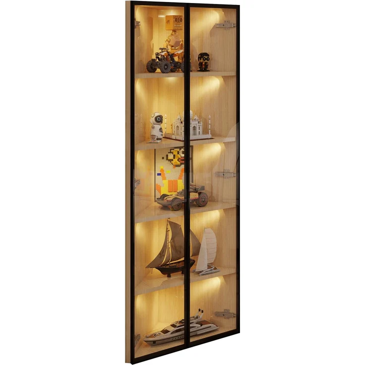 LED-Glasvitrine 62x35x160cm – Außenseite aus Eiche, integrierte Lichtleiste, staubdichter Schrank aus gehärtetem Glas, Eckvitrine mit Tür – Sammlungsvitrine, Bücherregal, Weinschrank,Badezimmerschrank--Eiche--62x35x160cm--YOUDENOVA – Bild 3