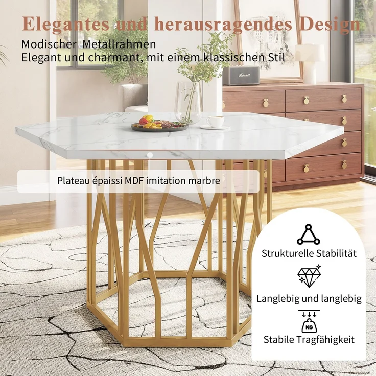 5-teilig Esstisch sechseckig 115.5×100 cm mit Marmormuster Tischplatte & goldenem Metallgestell mit 4 grüner Esszimmer stühle – Bild 4