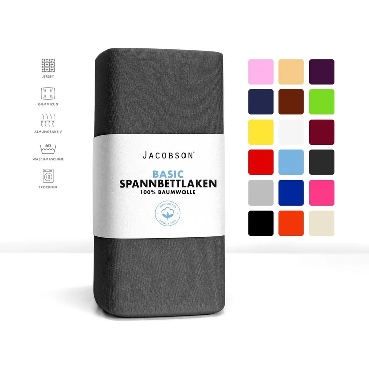 Jacobson Jersey Spannbettlaken Spannbetttuch Baumwolle Bettlaken (180x200-200x220 cm, Anthrazit)