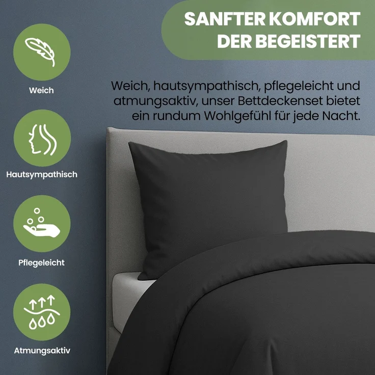 Julido Jersey Bettwäsche 155x220 80x80 Baumwolle Set Druckknopf weich Anthrazit – Bild 10
