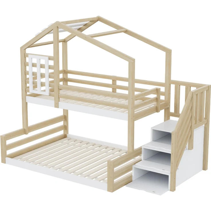 Kinder-Etagenbett "Haus-Design" 90x200 cm, Natur Kiefer, mit Staufachtreppe – Bild 2