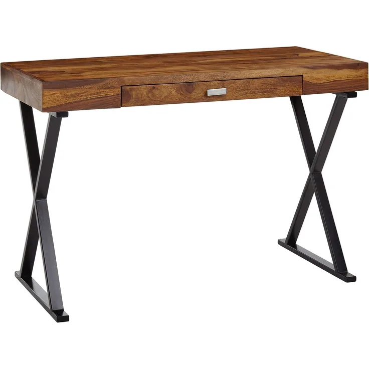 Wohnling Schreibtisch 120x55x78cm Sheesham Massivholz Metall Schwarz mit Schublade HomeOffice