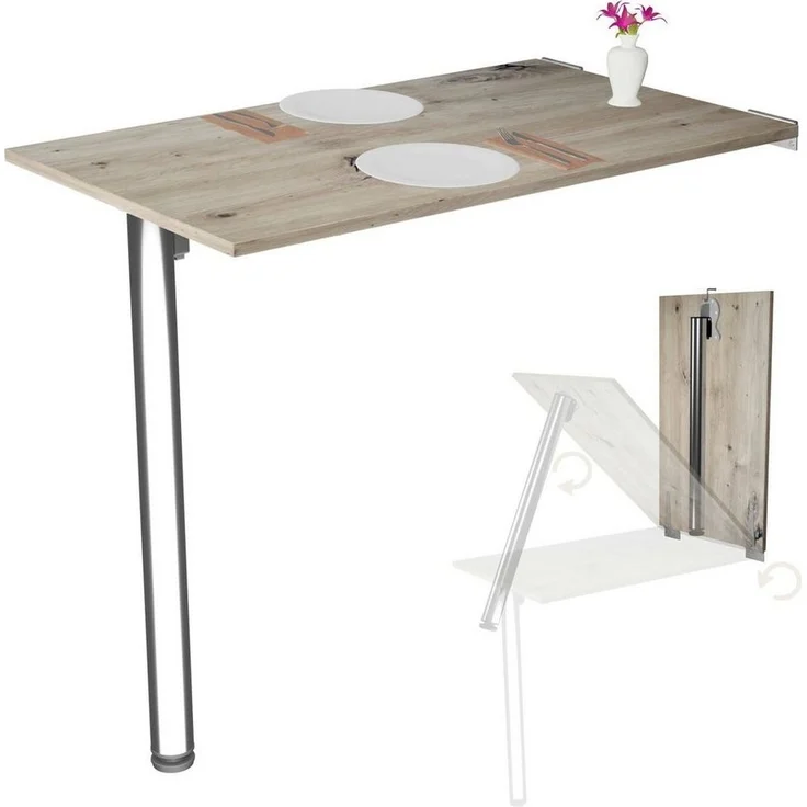 KDR Produktgestaltung Wandklapptisch Schreibtisch Tischplatte 80x50 cm in Eiche astig Klapptisch Esstisch Küchentisch für die Wand Höhe Tisch 74 cm zur Wandmontage mit Tischbein klappbar – Bild 1
