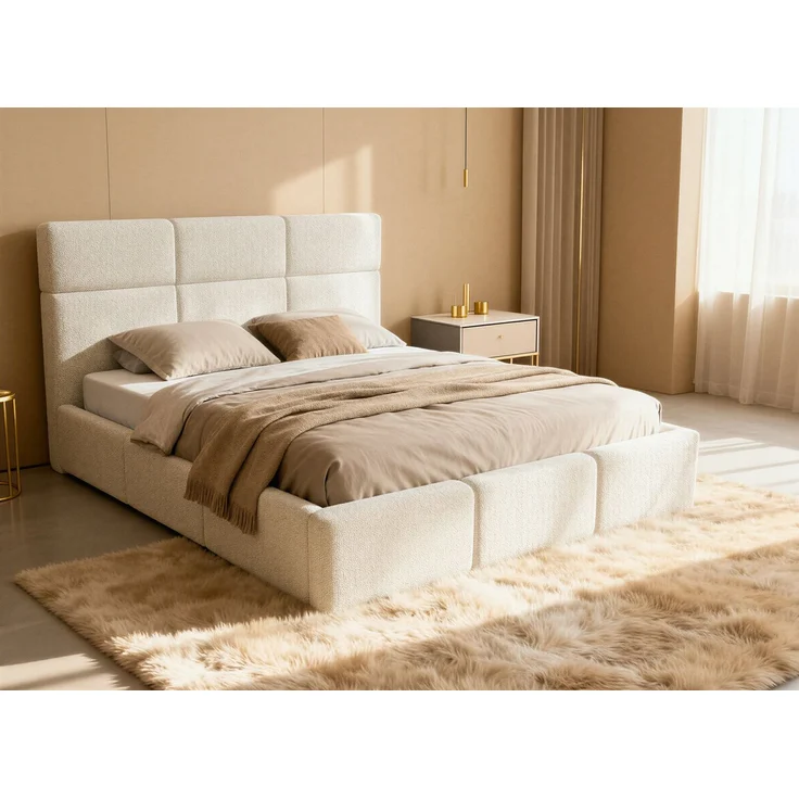 Polsterbett Celine - Bettkasten mit Gasdruckfedern - Doppelbett mit Lattenrost, Bett mit Polsterkopfteil, Bettgestell, Schlafzimmer, Bouclé-Stoff (140x200 cm, Weiß (Coral 70)) – Bild 1