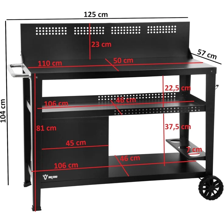 BBQ-Toro Grillablagetisch Grillwagen 125 x 57 x 104 cm, Schwarz, Grilltisch mit Windschutz – Bild 3