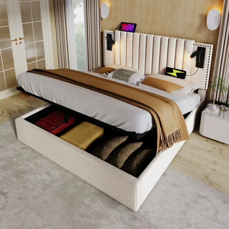 TavilaEcon Boxspringbett mit verstellbarem Kopfteil, Polsterbett Beige Liegefläche 140 × 200 cm