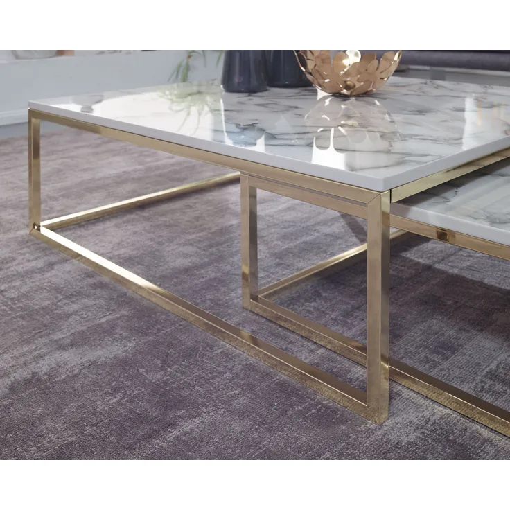 Couchtisch 2er Set Weiß Marmoroptik Eckig Metallgestell Gold Modern
