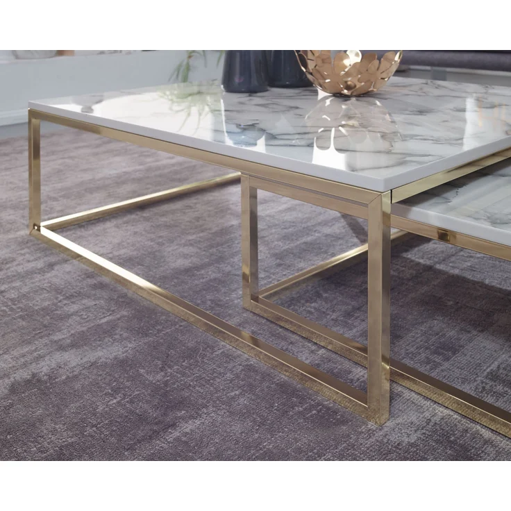 Couchtisch 2er Set Weiß Marmoroptik Eckig Metallgestell Gold Modern