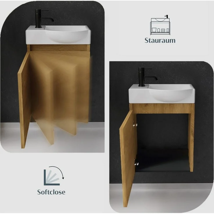 Alpenberger Badmöbel-Set Gäste WC Waschbecken mit Unterschrank - Hängeschrank Vormontiert, (Badschrank 2-tlg, Waschtisch hängend), Waschbeckenunterschrank mit Softclose – Bild 3